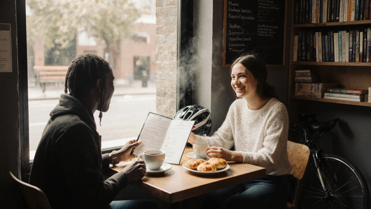 A calm coffee meet-up at The Good Life café in Forest Gate, with two people smiling over steaming mugs and pastries.