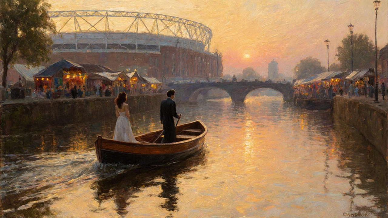 A couple on a small boat gliding along the River Lea at sunset, with the skyline in the background.