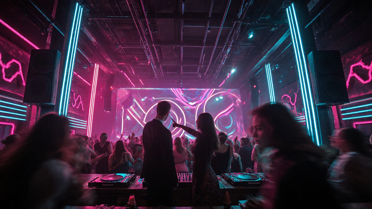 A couple standing near the bar in a neon‑lit Shoreditch club, dancers in the background.