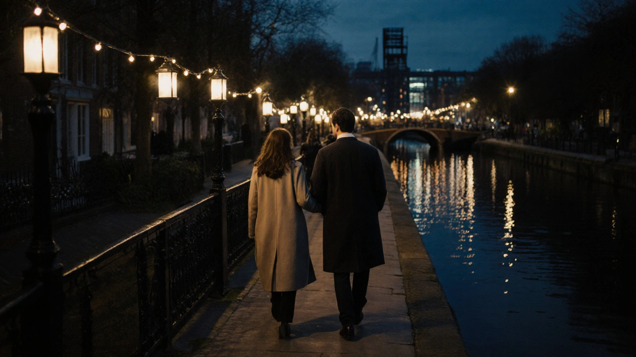 A couple walking peacefully along the Regent's Canal at night, string lights reflecting on dark water under a quiet East London sky.