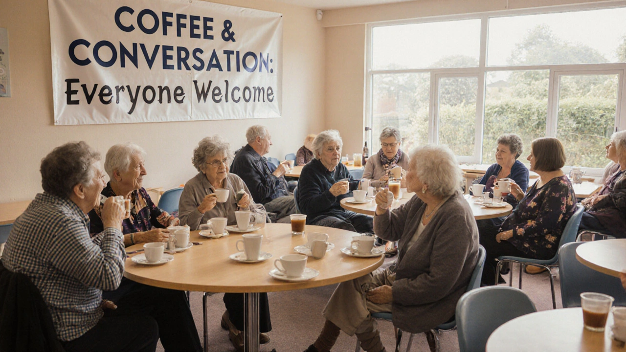 A diverse group chats over coffee at a community event, all welcome and at ease.