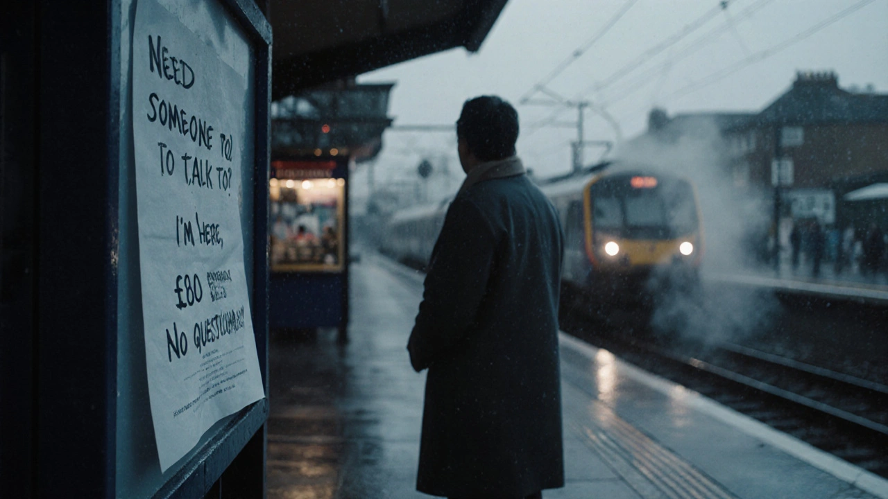 A handwritten flyer at Barking Station offers quiet companionship, with a commuter pausing in the rain.