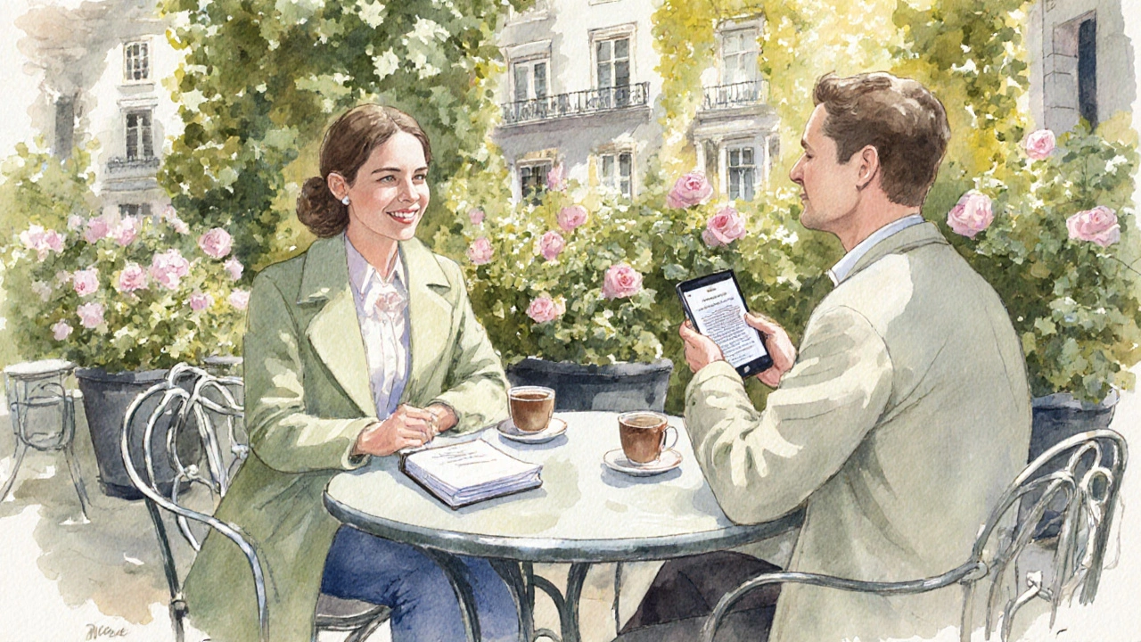 A quiet café courtyard in Greenwich where an escort and client meet over coffee, emphasizing safety.