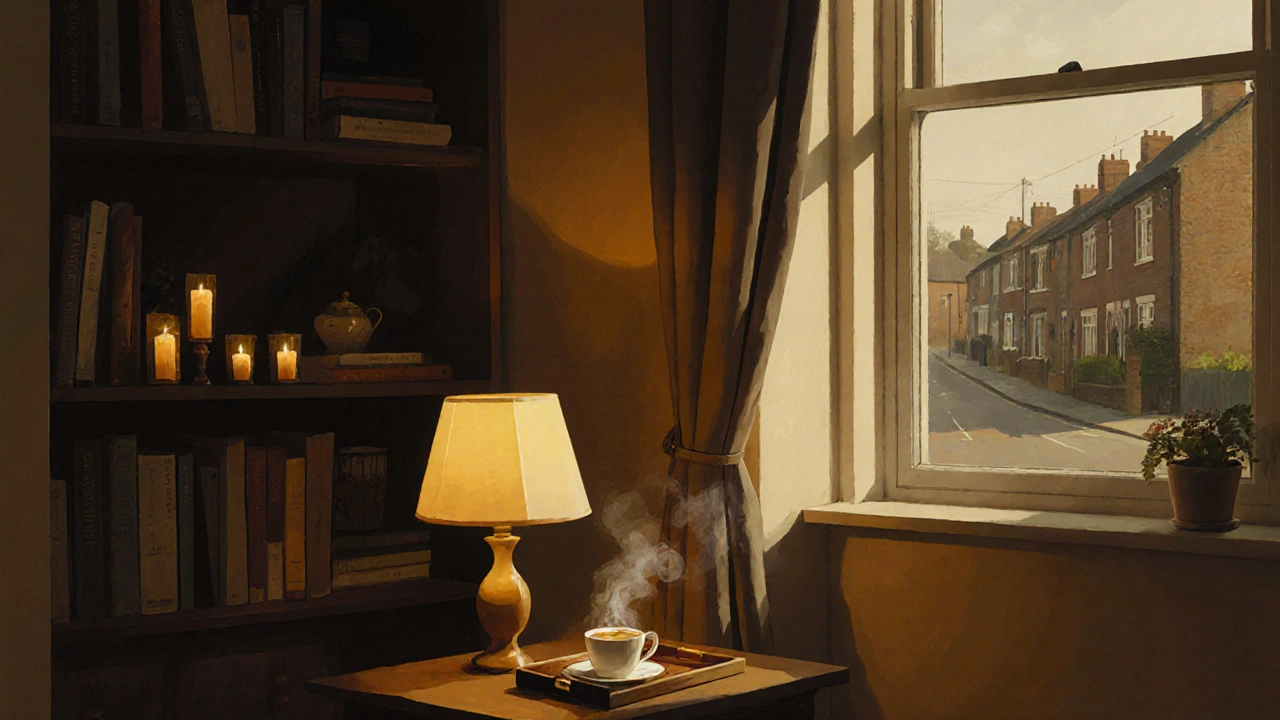 A quiet, warmly lit apartment in Southgate with tea, books, and candles, evoking comfort and calm.
