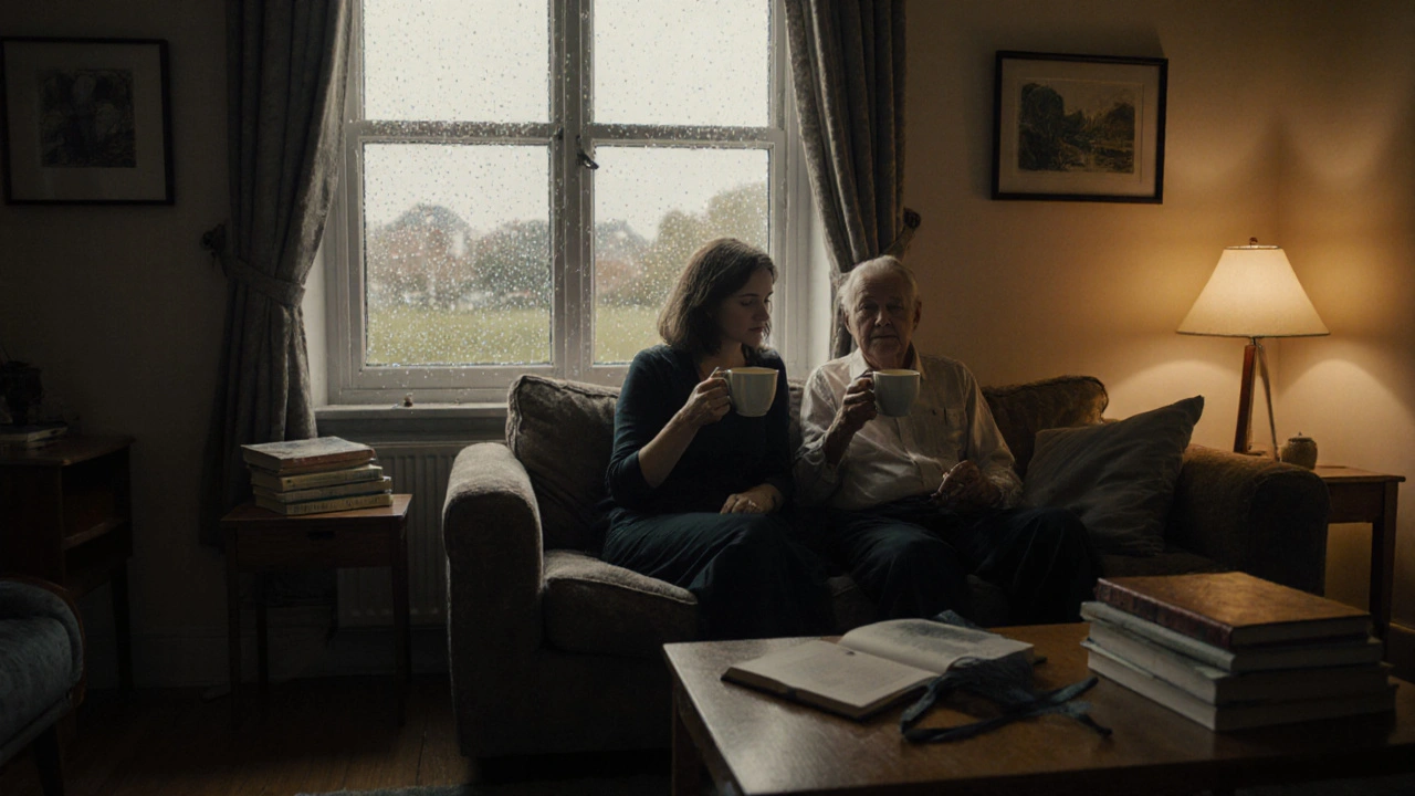 A retired teacher and a companion sharing tea in a warm, book-filled apartment in Forest Gate, rain softly tapping the window.