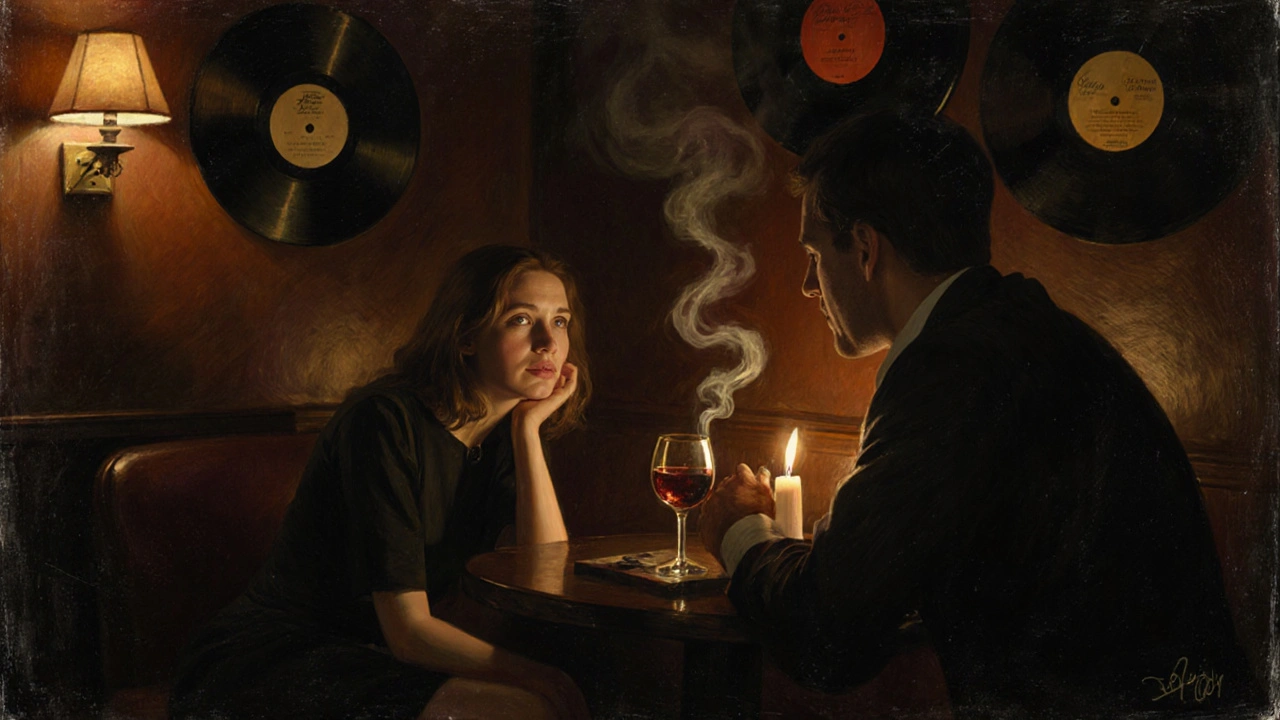 A woman listening intently in a dim jazz club corner, candlelight glowing, wine glass nearby, atmosphere of quiet connection.