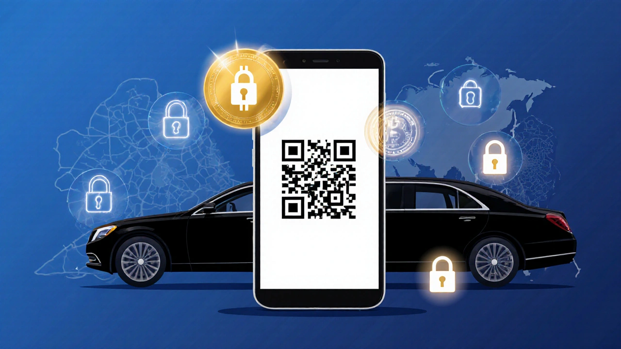 Abstract scene of secure smartphone, padlock, cryptocurrency coin, and limousine over a London map.