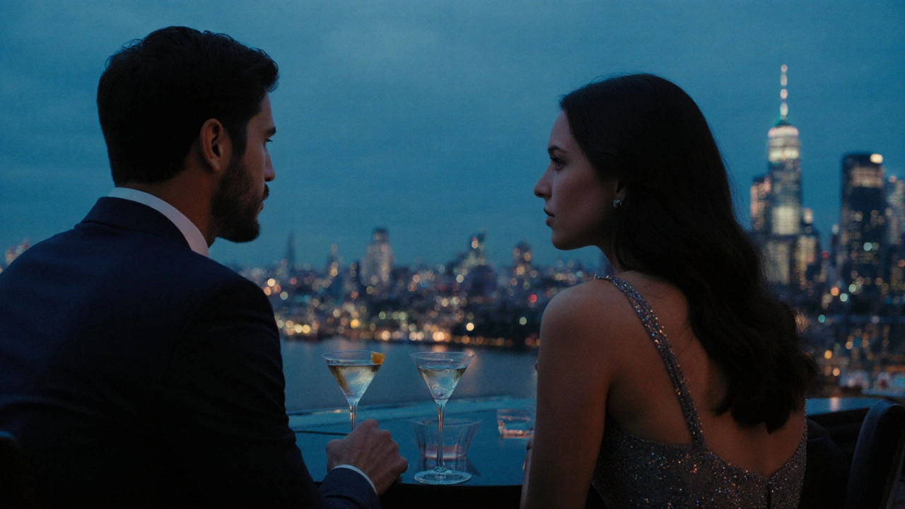 Businessman and companion sharing drinks on a Canary Wharf rooftop bar at twilight.