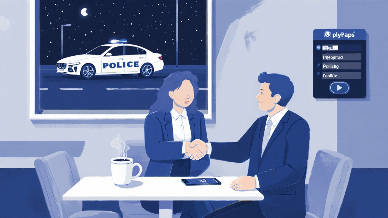 Client and escort meeting politely in a lit café, with a ride‑hailing phone and police car visible.