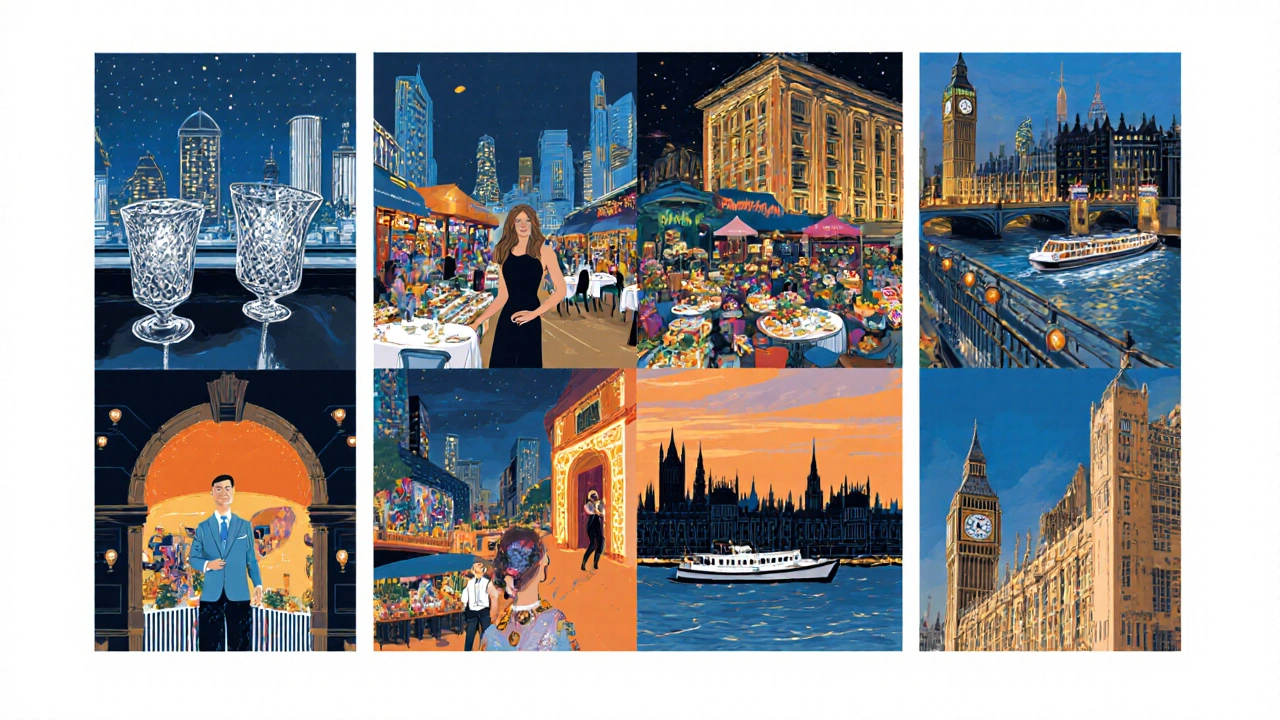 Collage of London borough nightlife scenes with an escort guiding the guest.