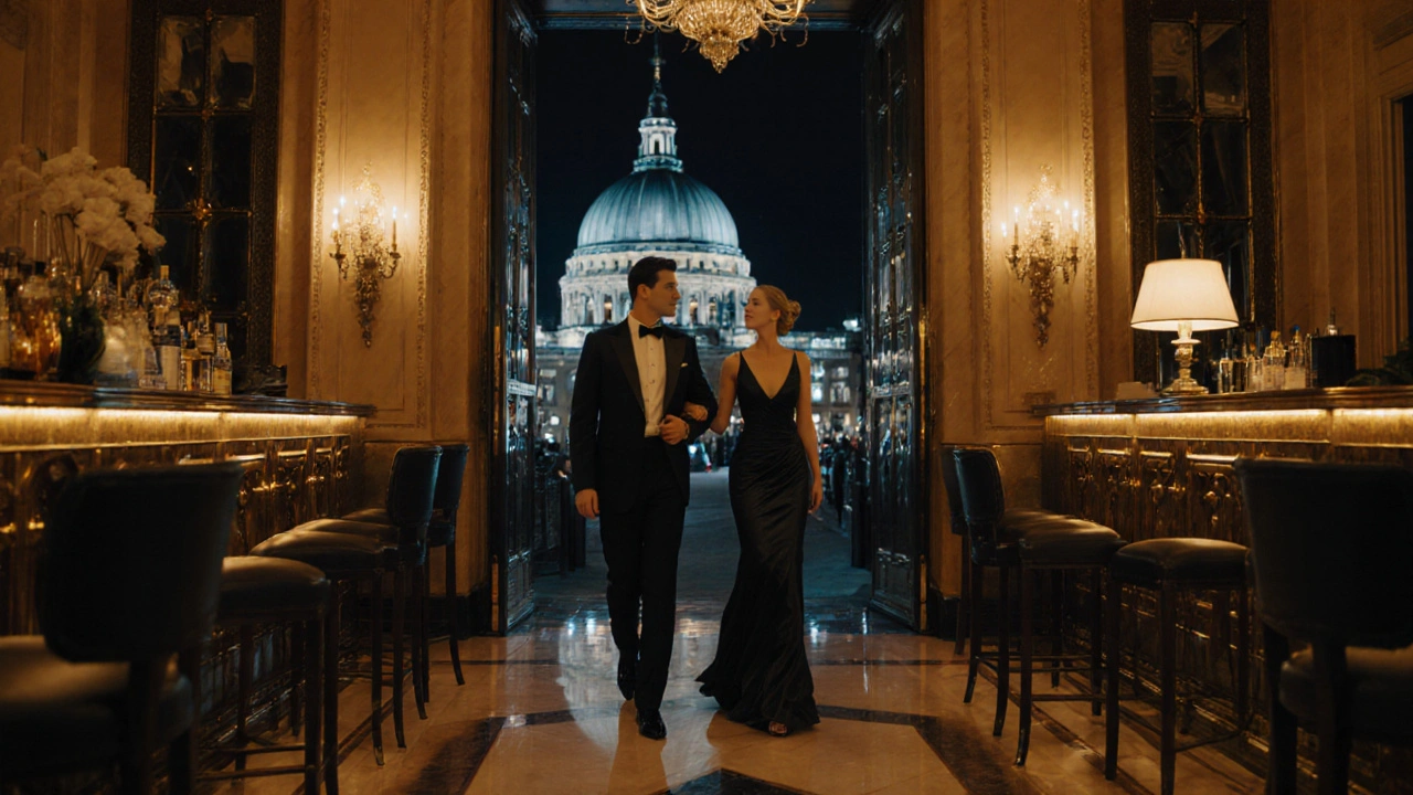 Couple in evening wear entering The Savoy’s foyer with the Royal Opera House marquee glowing.