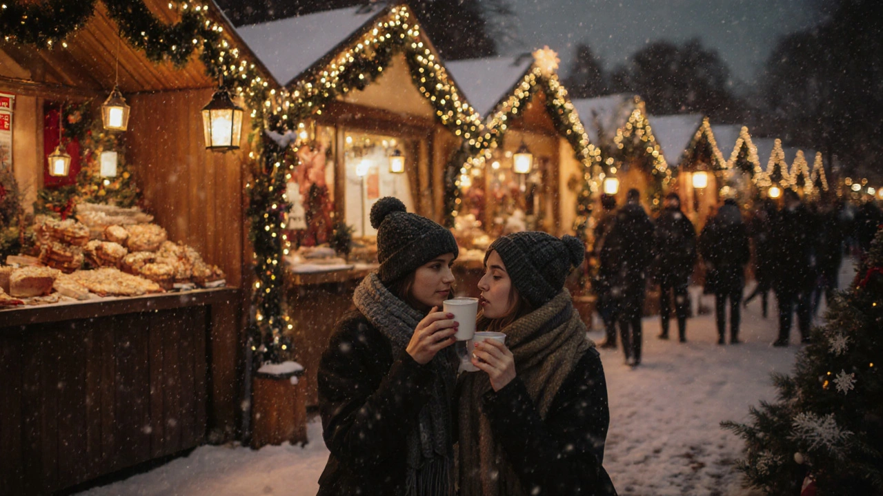 Cozy couple sharing mulled wine at the Bromley Christmas Market with festive lights.