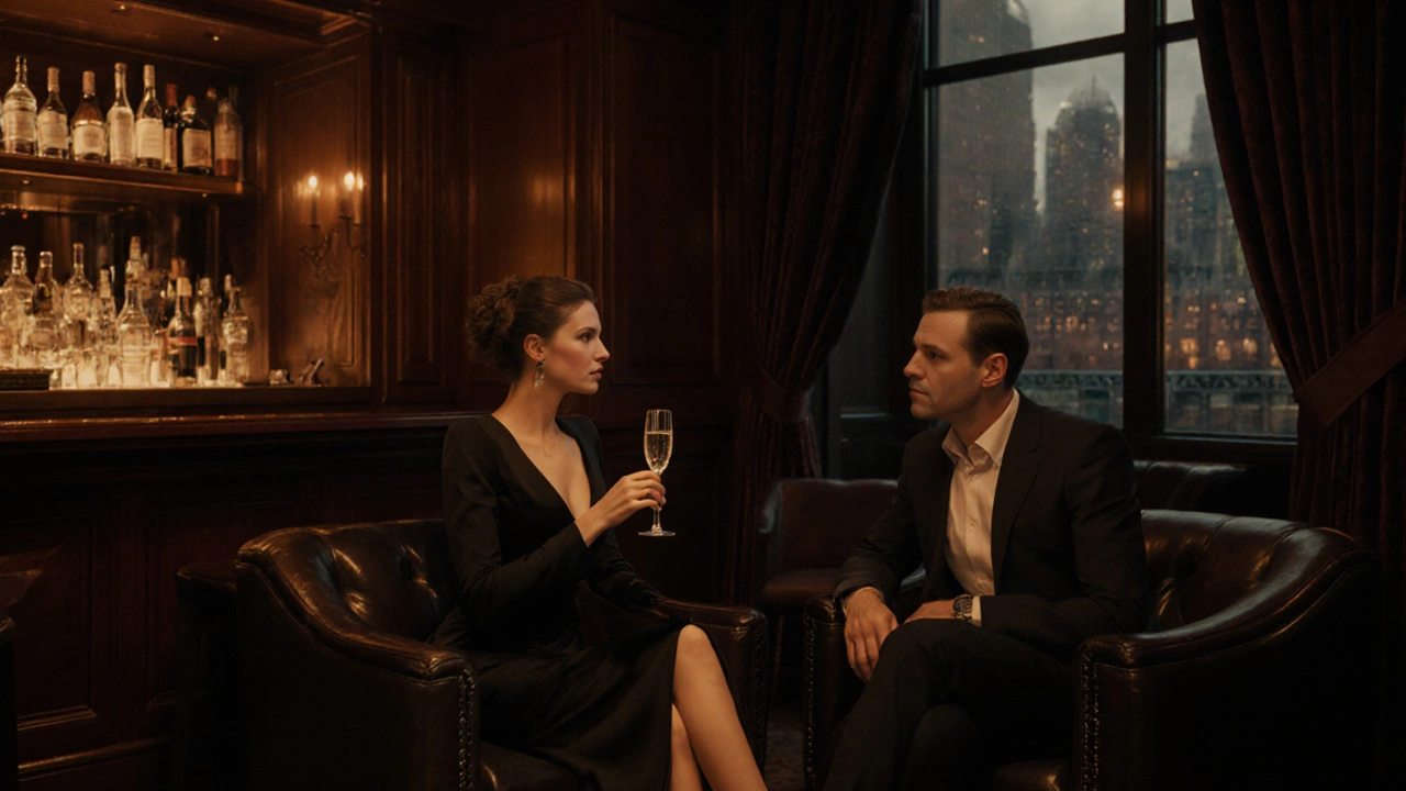 Elegant companion and client sharing champagne in a plush private club lounge.