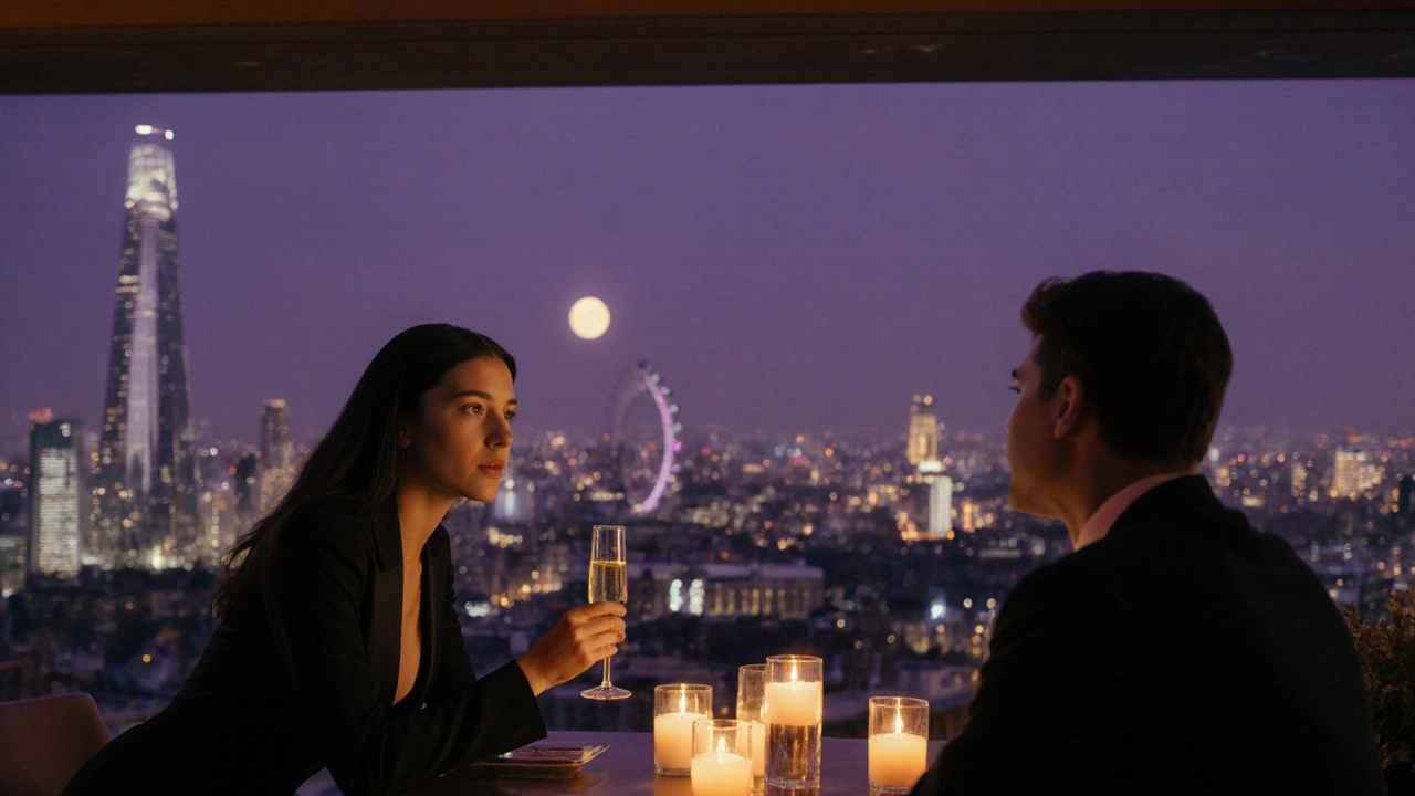 Elegant companion and guest enjoying drinks on a rooftop with London skyline at night.