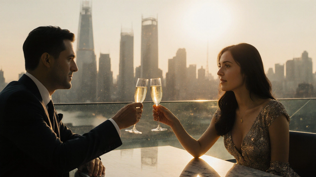Executive and Mandarin‑speaking escort sharing a toast at a rooftop bar in Canary Wharf.