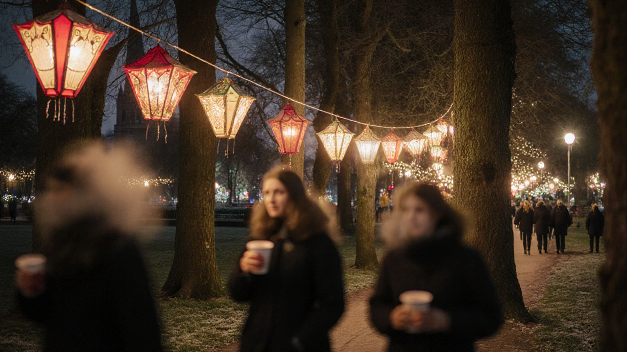 Festival lights glowing along a park path in Enfield during November, with blurred figures strolling beneath.
