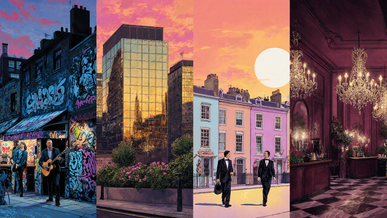 Four London districts—Camden, Canary Wharf, Notting Hill, Mayfair—shown in a seamless scene with an escort guiding a companion.