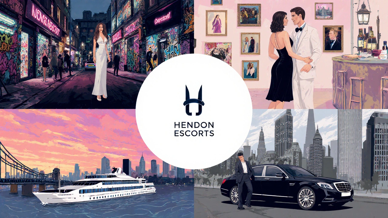 Four‑panel illustration of a companion styled for Shoreditch, Kensington, Thames cruise, and City business scenes.