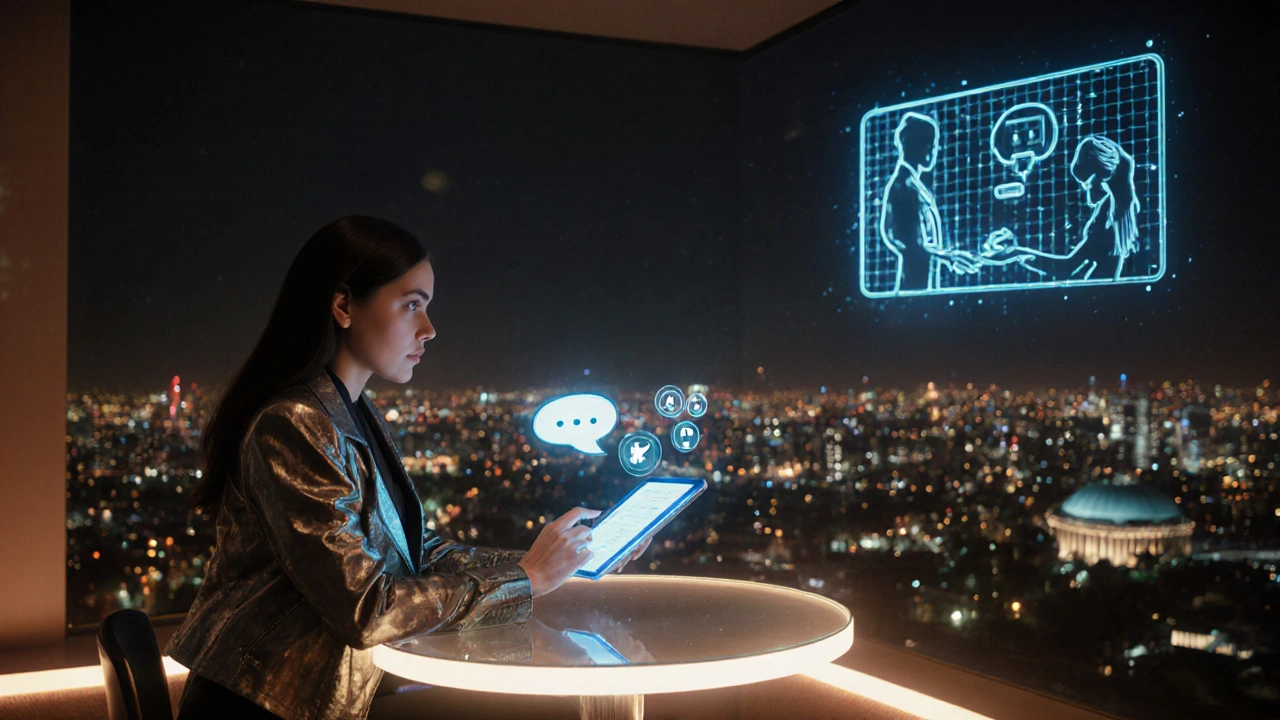 Futuristic rooftop lounge where an escort uses a holographic tablet with AI chat.