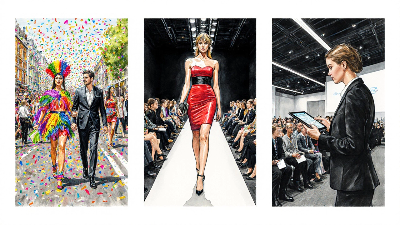 Illustrated collage of escort at Carnival, Fashion Week backstage, and tech conference.