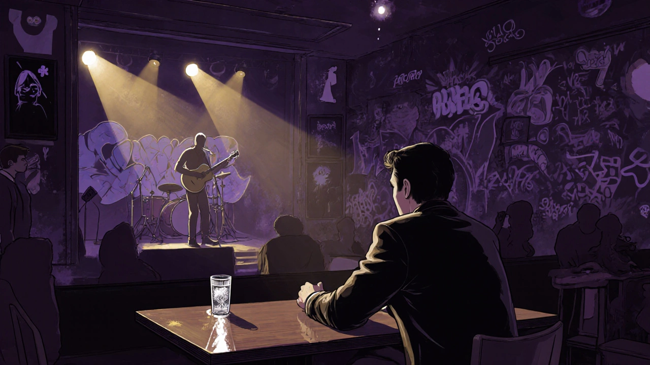 Intimate Hackney music venue with companion seated near graffiti walls.