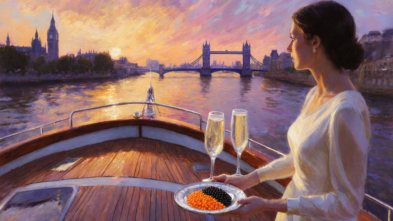 Luxury sunset cruise on the Thames with caviar service and a refined companion under golden light.