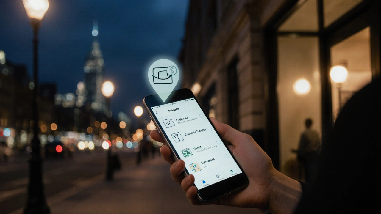 Man exits a venue, checking his phone and leaving a cash envelope, with city lights in the background.