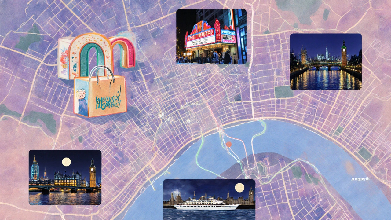 Map collage showing Leyton, Hackney, Stratford, Canary Wharf, and Westminster night spots.