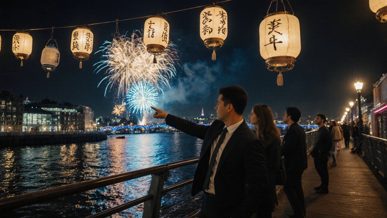 Multilingual escort leading tourists at Greenwich Pier during fireworks.