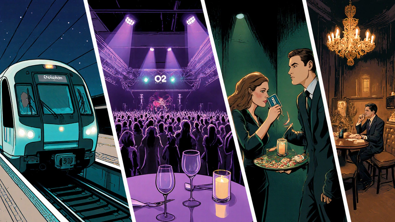 Night‑out collage showing travel from Croydon to Soho with escort guidance.