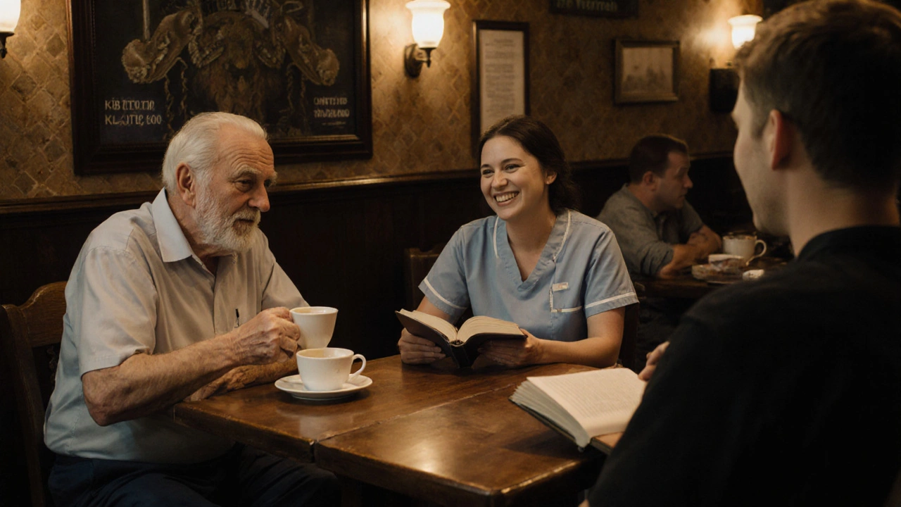 People socialize quietly in a local pub, sharing tea and laughter without romantic context.