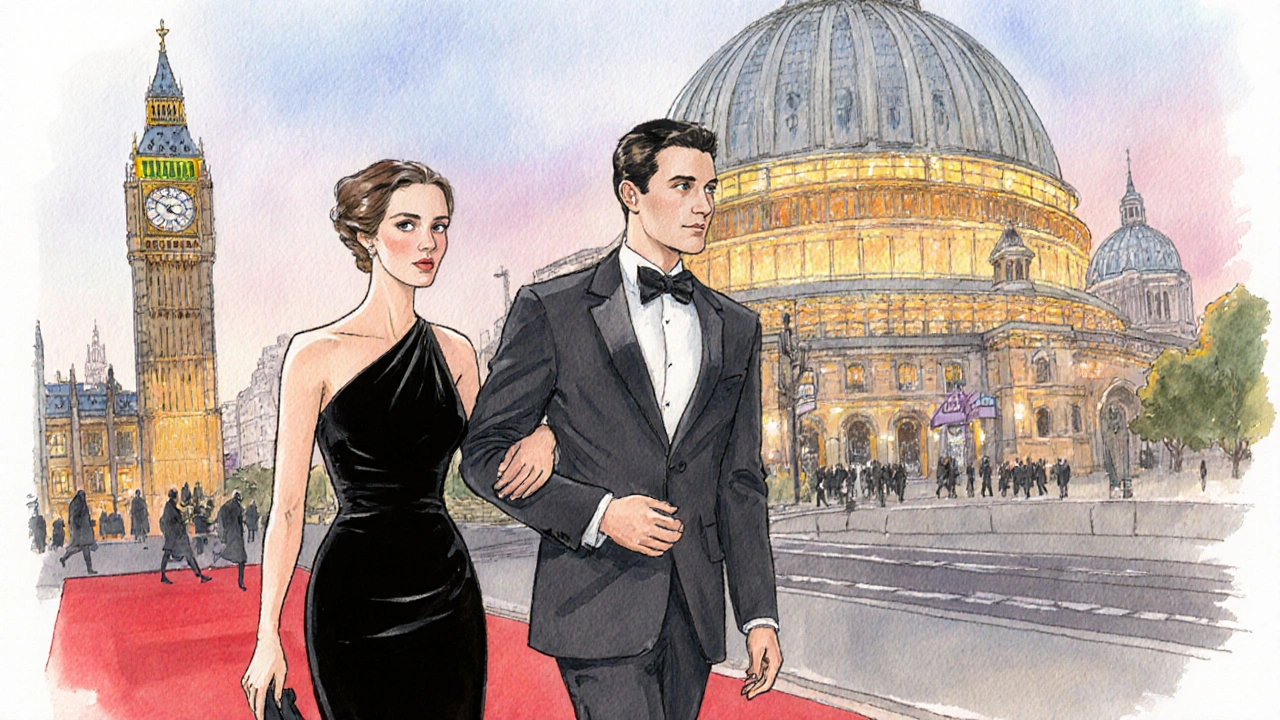 Refined escort and business professional on Westminster theatre red carpet.