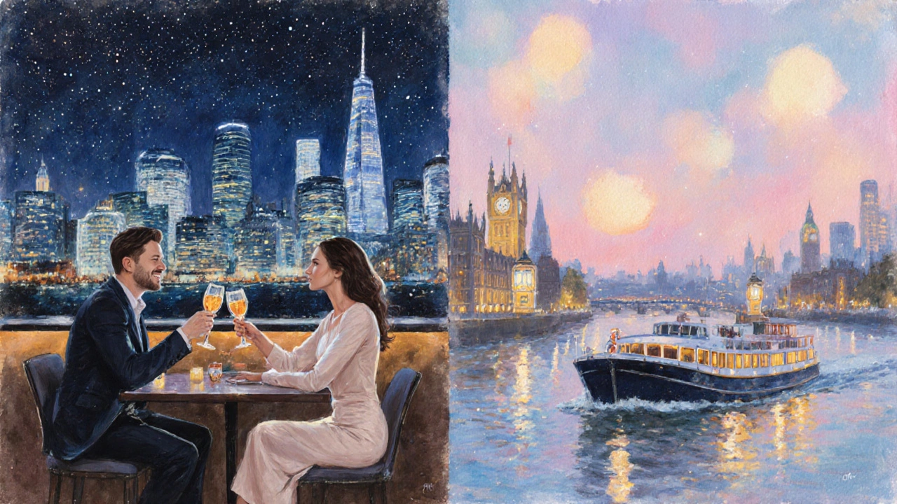 Rooftop bar and Thames boat scene showing elegant companion and city lights.