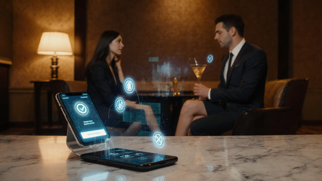 Smartphone app with verification icons beside a businessman meeting an elegant companion in a lounge.