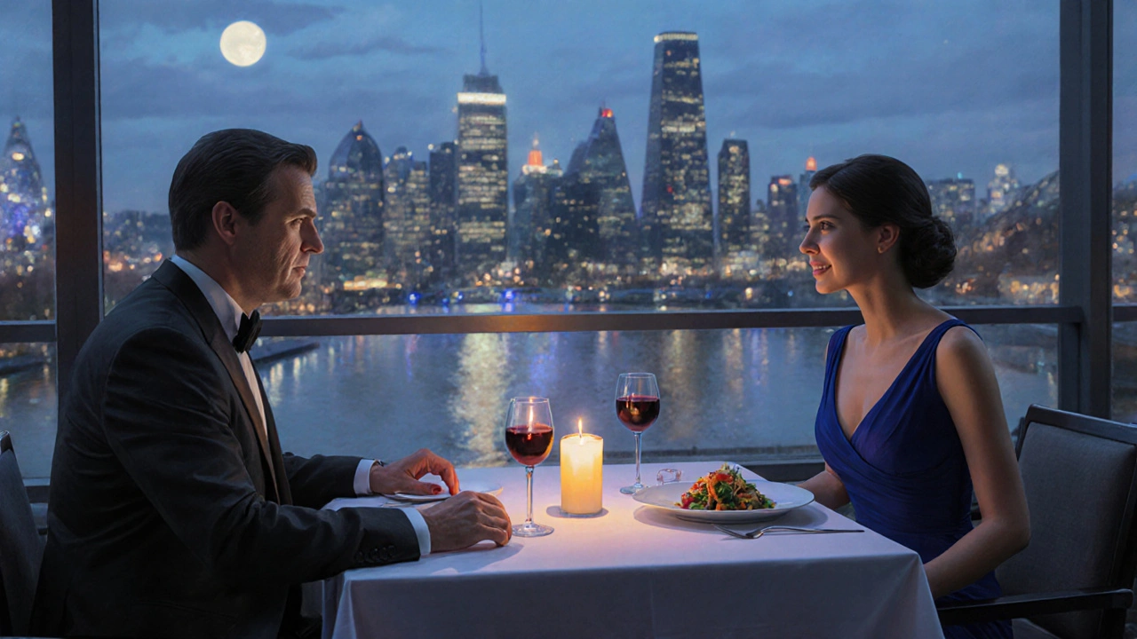 Sophisticated escort dining with a client on a Canary Wharf terrace.