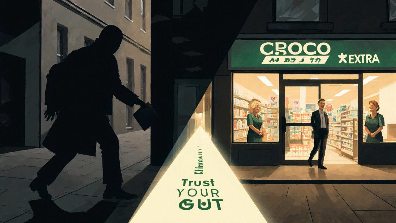 Split image: dangerous alley vs. safe pharmacy entrance, symbolizing safety choices.