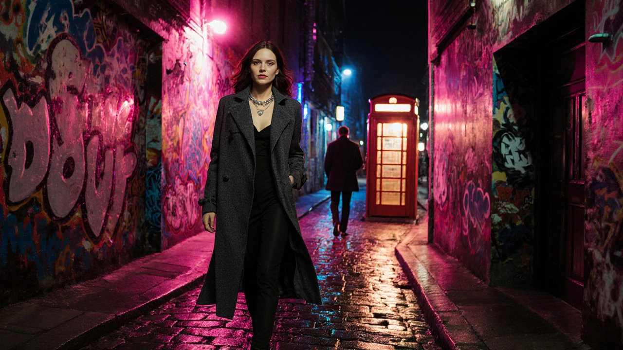Stylish escort and client enjoying a curated graffiti tour in Shoreditch ending at a hidden speakeasy.