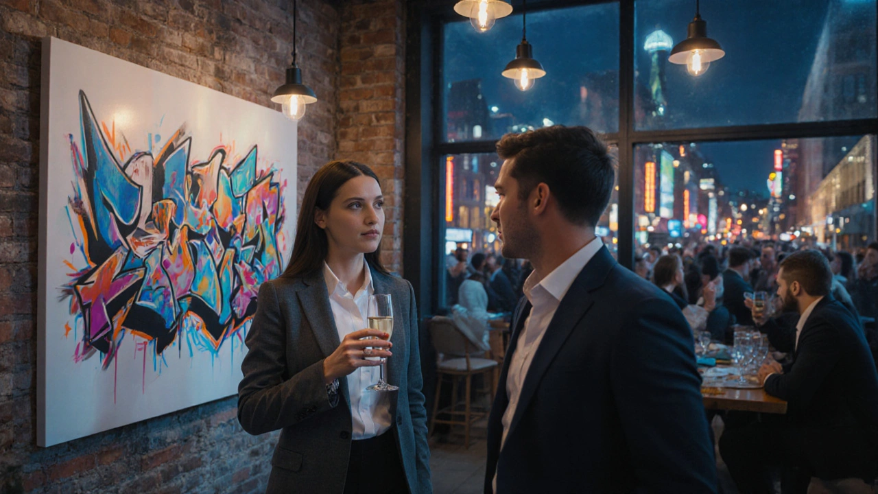 Stylish escort at a Shoreditch art opening with street‑art backdrop.