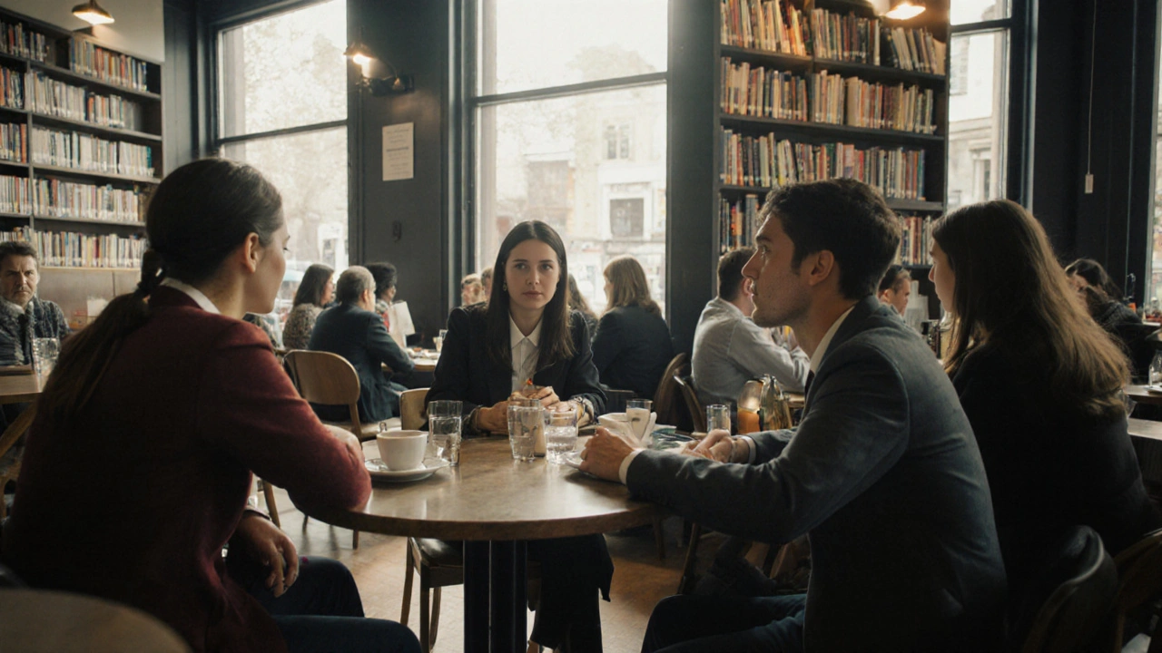 Three London professionals share quiet moments with companions in a peaceful Barking library café.
