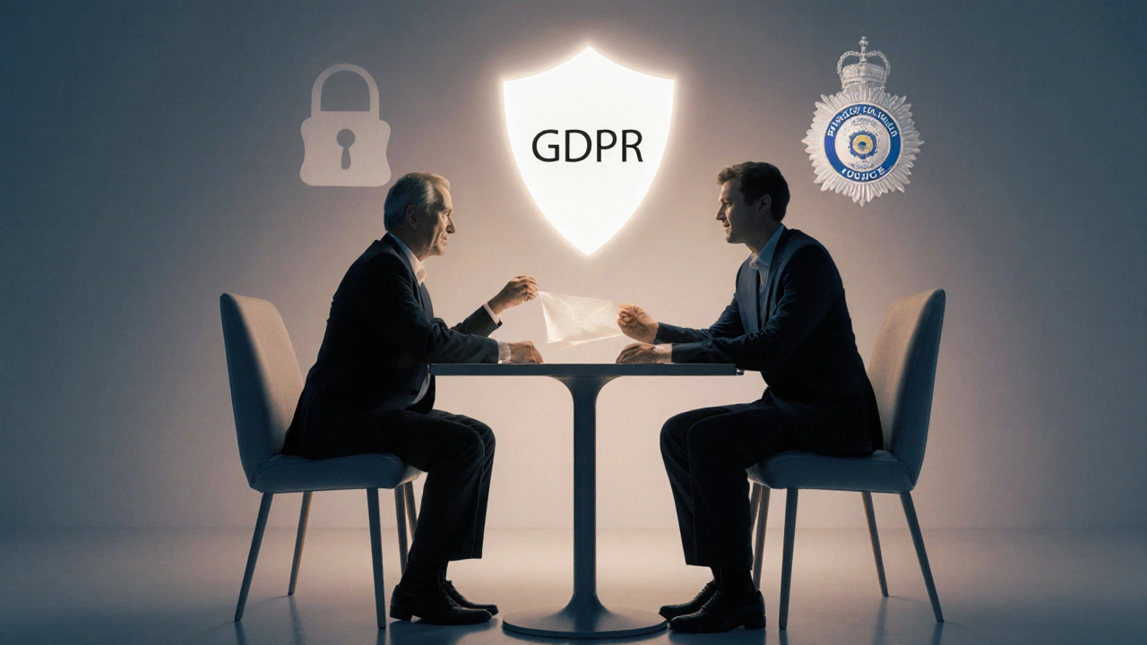 Two adults exchanging a sealed envelope with privacy shield and police badge symbols.