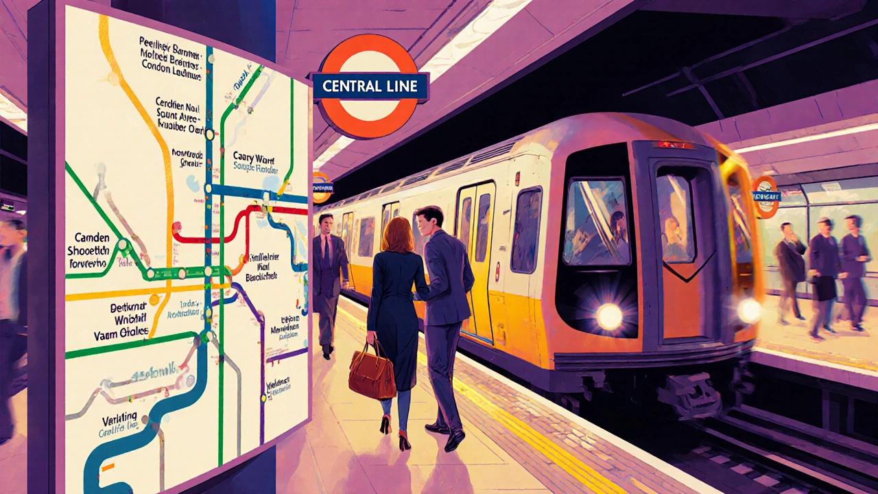 Two figures boarding a Central Line train in a bustling London underground station, heading toward Waterloo.