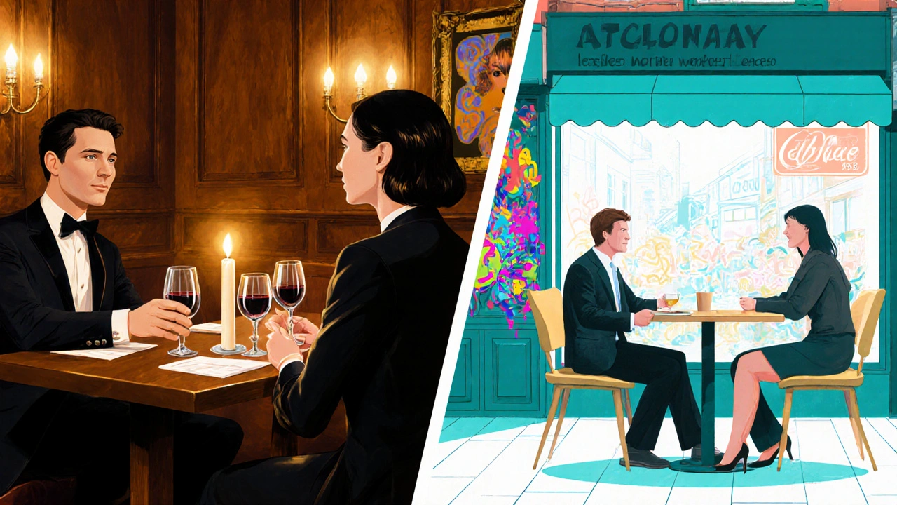 Two people converse at a cozy coffee shop table, background hints at West End and East London styles.