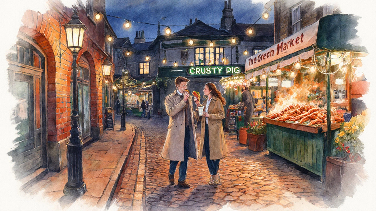 Two people sharing street‑food at Sutton Green Market under warm lanterns.