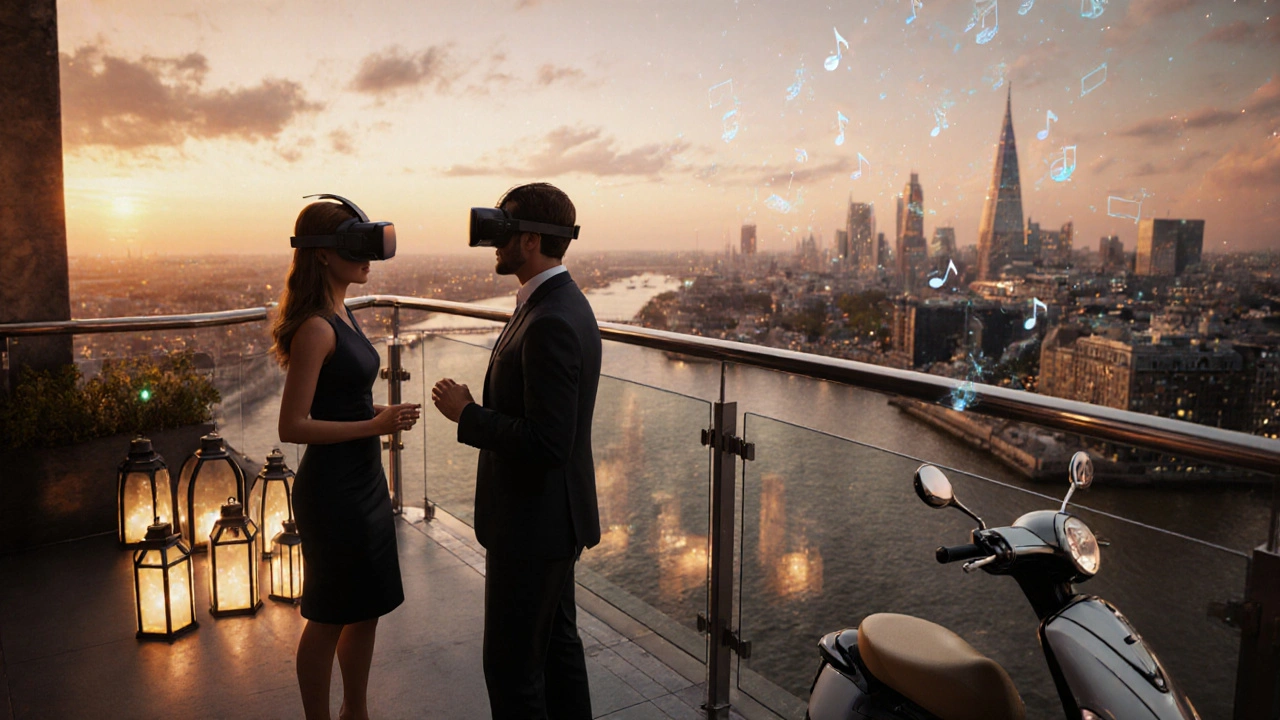 VR rooftop bar over the Thames with two figures in headsets experiencing a virtual lounge.