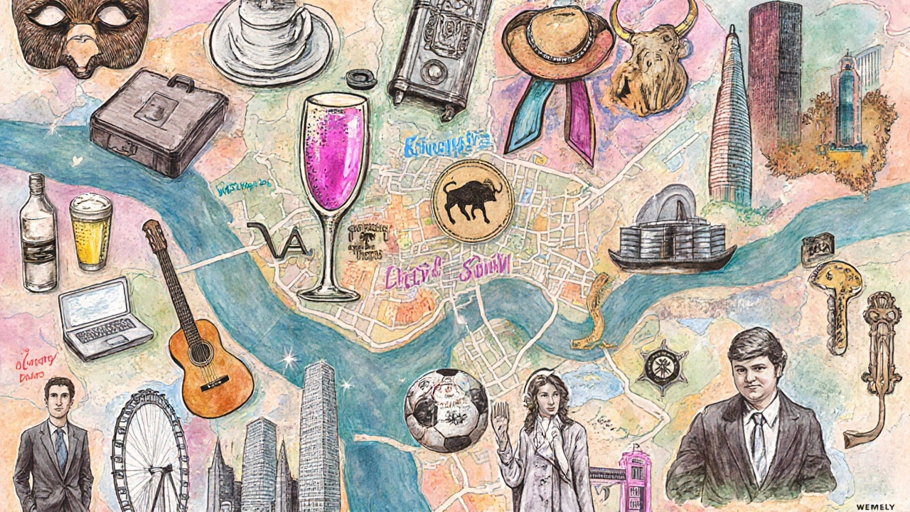 Watercolor‑ink collage of London boroughs showing distinct icons for each area.