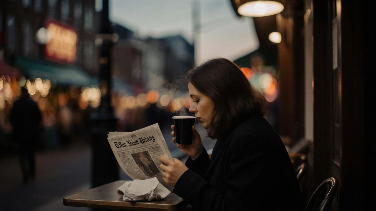 Woman at a quiet Camden café, drinking black coffee, reading a newspaper at twilight.