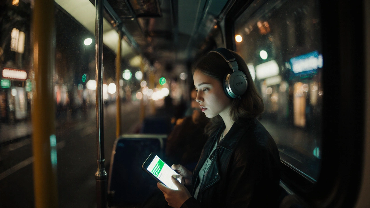 Woman on a bus in Islington, reading a phone message, reflections of streetlights on the window.