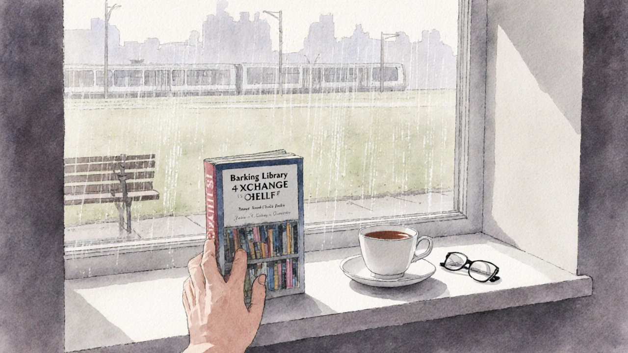 A book from the library exchange shelf sits beside a teacup and glasses on a windowsill.