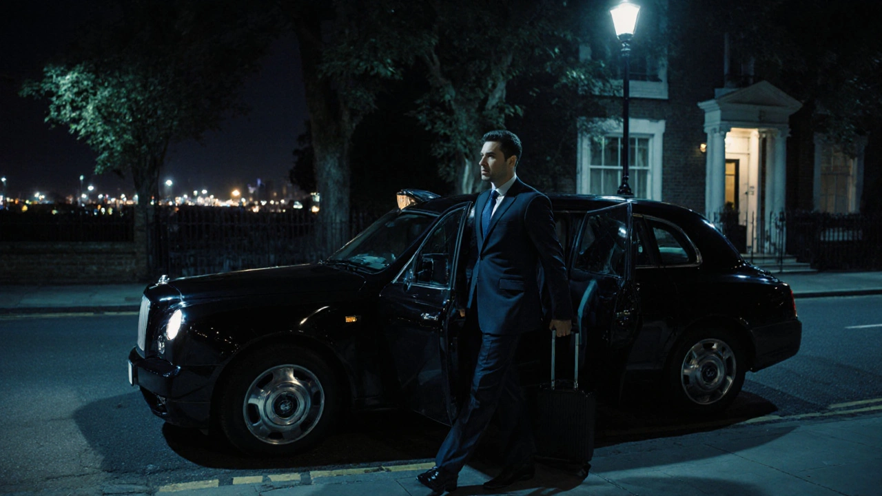 A business traveler arrives at a discreet Feltham townhouse after landing at Heathrow Airport at night.