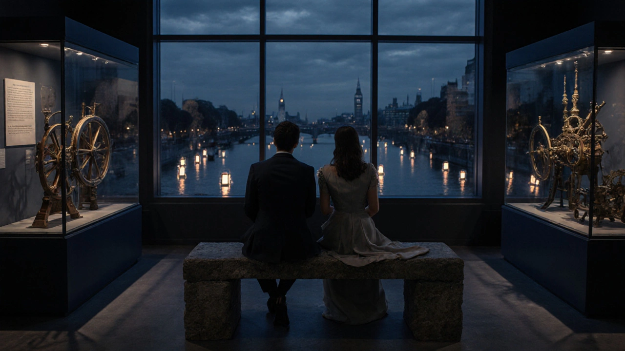 A client and companion sit side by side in the National Maritime Museum, gazing at the river lit by lanterns, their reflections blending in the glass.